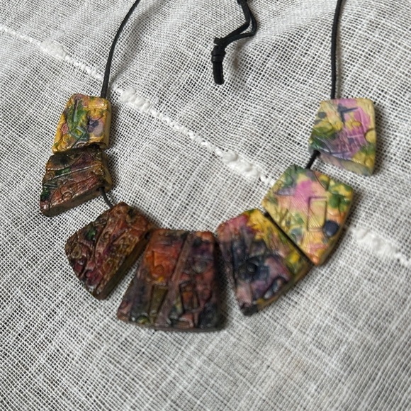 Artisan Handcrafted Multicolor Mosaic Tile Inspired Tribal Sculpted Necklace EUC - Picture 14 of 16